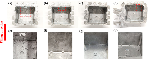 Figure 6. Castings of the 4 wt%TiB2/Al-Si-Cu-Zn composite fabricated by the HPDC at different injection velocity: (a) 0.8 m s−1; (b) 1.16 m s−1; (c) 1.8 m s−1; (d) 2.5 m s−1; (e)–(h) filling ends of the castings (a)–(d).