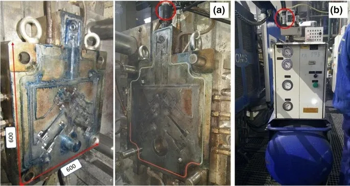 Die tool: (a) both tool half and the vacuum valve connection; (b) vacuum unit.