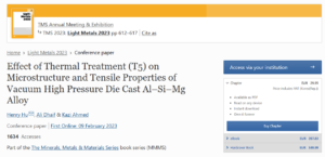 Effect of Thermal Treatment (T5) on Microstructure and Tensile Properties of Vacuum High Pressure Die Cast Al–Si–Mg Alloy