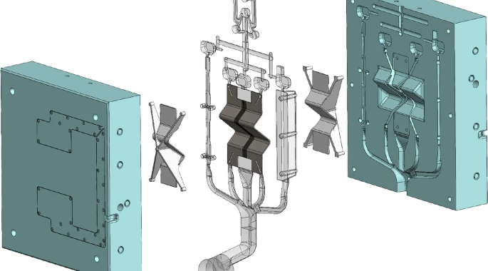 Exploded view of the mold halves with insert and casting.