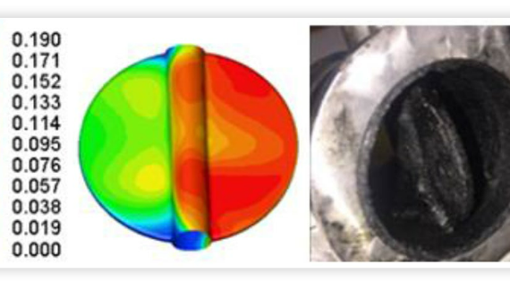 FIGURE 3 Soot deposition on throttle valve (Configuration-1), left: CFD results showing cycle averaged EGR fraction contours on throttle valve, right: sample of throttle valve in test