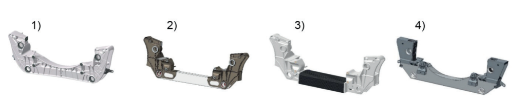 Fig. 1 - Cross beams: -1) HPDC aluminum, 2) LPDC and extruded aluminum, 3) LPDC and CFRP, 4) Extruded aluminum