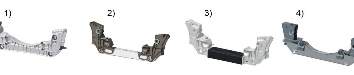 Fig. 1 - Cross beams: -1) HPDC aluminum, 2) LPDC and extruded aluminum, 3) LPDC and CFRP, 4) Extruded aluminum