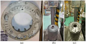Fig. 1 Example of (a) porosity in the end ring of an Al die cast rotor; and measurement of rotor weight (b) before and (c) after die-casting to estimate the porosity level