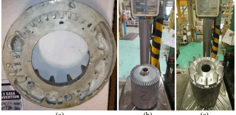 Fig. 1 Example of (a) porosity in the end ring of an Al die cast rotor; and measurement of rotor weight (b) before and (c) after die-casting to estimate the porosity level