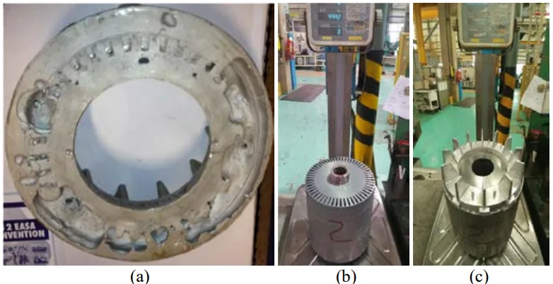 Fig. 1 Example of (a) porosity in the end ring of an Al die cast rotor; and measurement of rotor weight (b) before and (c) after die-casting to estimate the porosity level