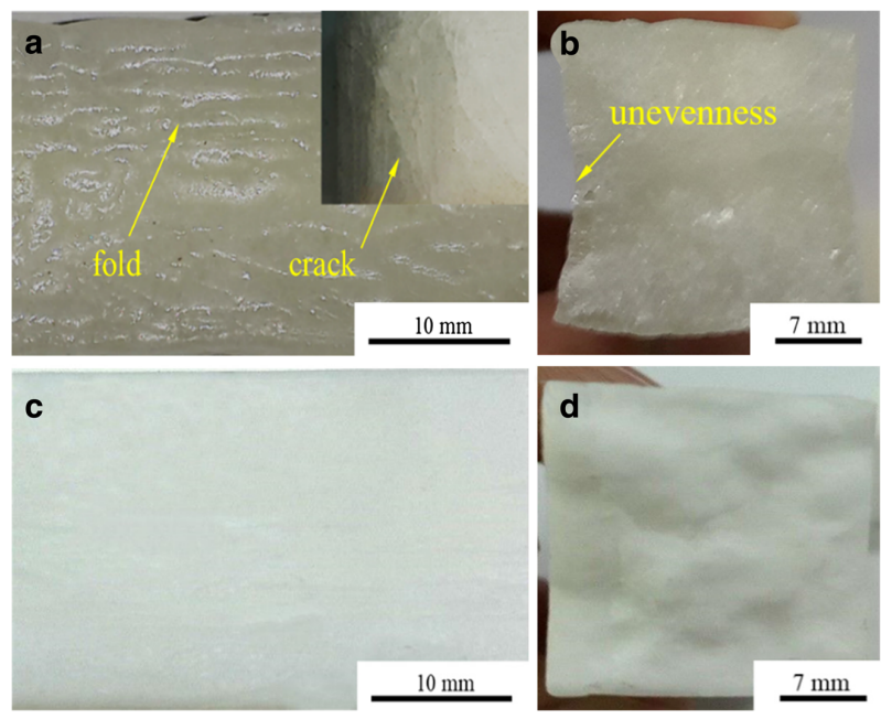 Fig. 1 The surface quality of the water-soluble salt core. a, b Pure salt core. c, d Binary composite salt core
