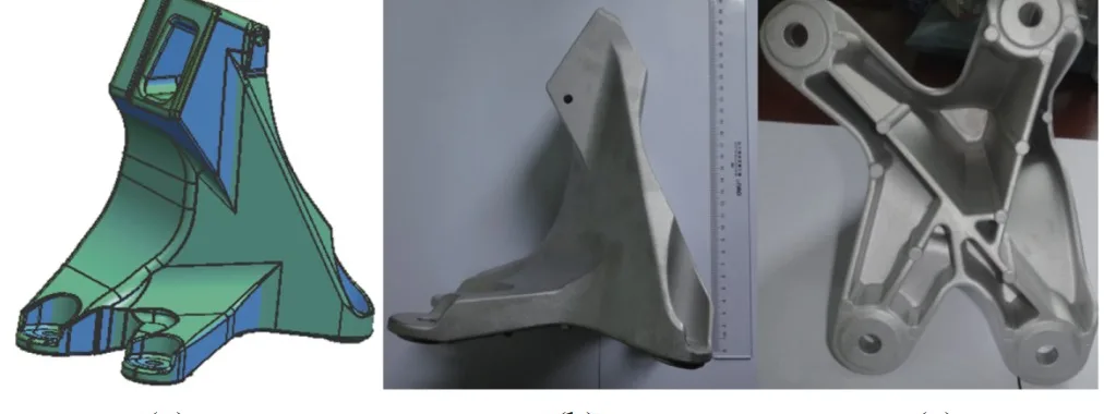 Fig. 1. Engine bracket (chassis system) made from the JDA1 aluminum alloy. (a) Design drawings; (b) and (c) photograph of the casted component.