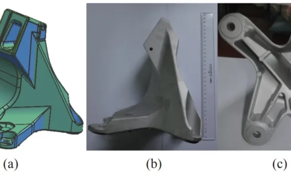 Fig. 1. Engine bracket (chassis system) made from the JDA1 aluminum alloy. (a) Design drawings; (b) and (c) photograph of the casted component.