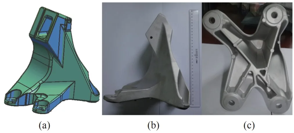 Fig. 1. Engine bracket (chassis system) made from the JDA1 aluminum alloy. (a) Design drawings; (b) and (c) photograph of the casted component.