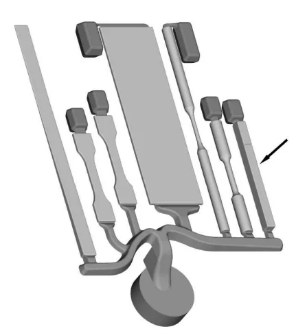 Fig. 1. Geometry of the diecasting where the investigated impact bar is indicated by the arrow.