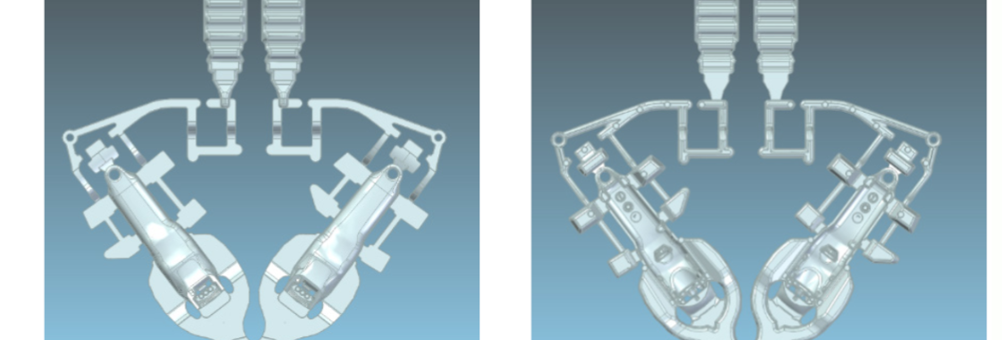 Fig. 1. Photograph of the project under analysis. View: a) from the fixed half; b) from the mobile halfFig. 2. Thermal images of the mould used in the study: a) fixed half; b) mobile halfFig. 3. The result of an input simulationa)b)a)b)
