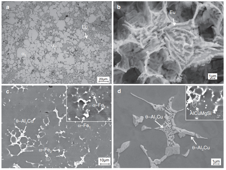 Fig. 1. The as-cast microstructure of the Al–Si–Cu alloy containing 0.1 wt.% Fe. (a) Optical micrograph showing the overall microstructure; (b) SEM image showing the morphology of eutectic Si phase in the deeply etched sample; (c) backscattered SEM micrograph showing the distribution of Fe-and Cu-rich intermetallic phases (inset: the fine compact α-AlFeMnSi intermetallics); and (d) SEM image showing the morphology of Al2Cu phase (inset: the irregular AlCuMgSi intermetallics).