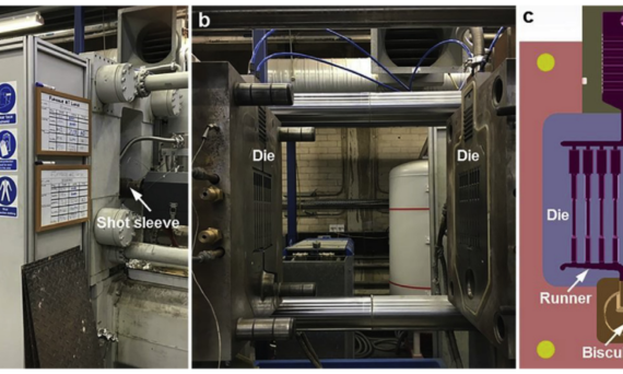 Fig. 1. (a) Cold chamber high pressure die casting machine and (b) dieeset in the machine, and (c) cross section of dieeset showing the round tensile test bars casted by the die.