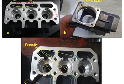 Fig. 1. a) Pin holes observed in the top side casting; b) Blow holes observed in tapped holes; c) Porosity is observed in top side of the casting.