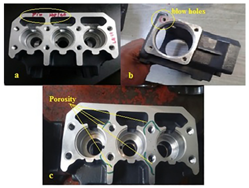 Fig. 1. a) Pin holes observed in the top side casting; b) Blow holes observed in tapped holes; c) Porosity is observed in top side of the casting.
