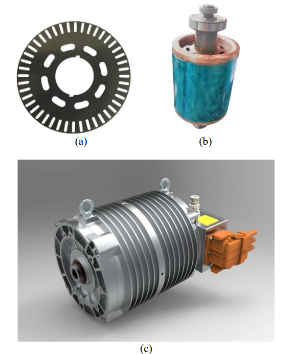 Fig. 10.  18kW IM photograph for EV: (a) Rotor core sheet; (b) Cast copper rotor; (c) Photograph of the prototype IM.