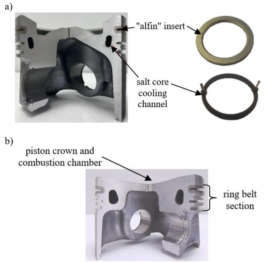 Fig. 10. Modern pistons with a ring insert and a salt core for: a) a Diesel engine, b) a gasoline engine [7]