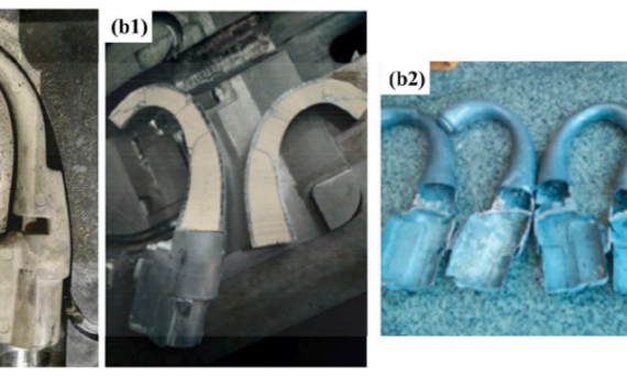 Fig. 10. Photograph of (a) the composite salt core and (b) hollow-structure zinc alloy castings by this composite salt core: b1-without and b2 with water soluble removing.