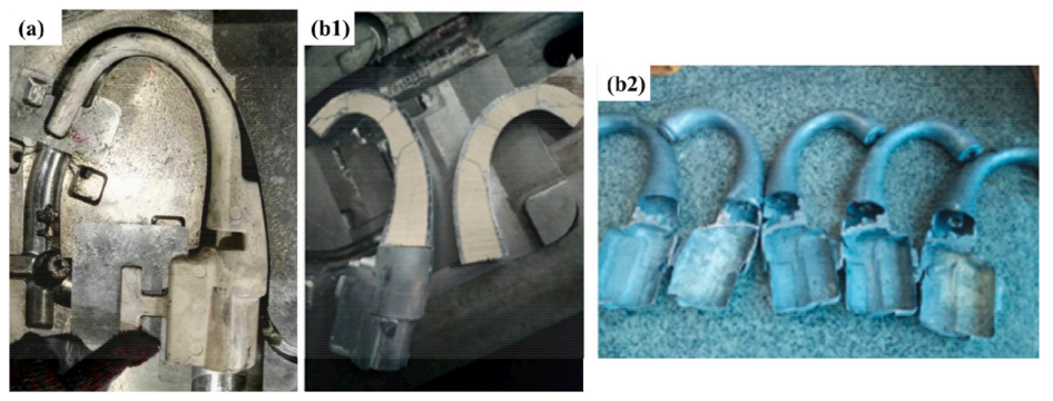 Fig. 10. Photograph of (a) the composite salt core and (b) hollow-structure zinc alloy castings by this composite salt core: b1-without and b2 with water soluble removing.