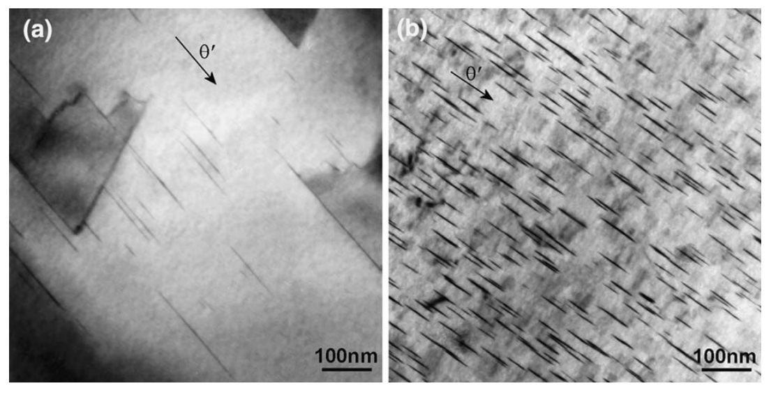 Fig. 10—TEM images of (a) the as-cast alloy showing large h¢ precipitates and (b) the T6-treated alloy, showing h¢ precipitates. Both images were taken near to [101]a. In the as-cast condition, there were few strengthening precipitates observed with many grains appearing to contain no precipitates.