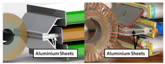 Fig. 11 Aluminium sheets used for insulation in model (left) and sensor (right) 