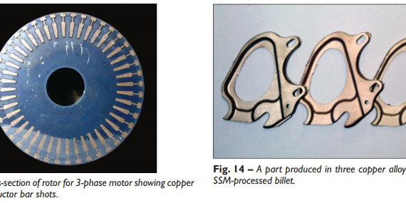 Fig. 13 – Cross-section of rotor for 3-phase motor showing copper filling the conductor bar shots. Fig. 14 – A part produced in three copper alloys by die casting SSM-processed billet.
