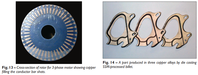 Fig. 13 – Cross-section of rotor for 3-phase motor showing copper filling the conductor bar shots. Fig. 14 – A part produced in three copper alloys by die casting SSM-processed billet.