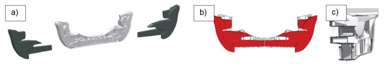 Fig. 2 - a) Sliders layout b) Cross beam hollowed longitudinal section c) remarkable hollow sections
