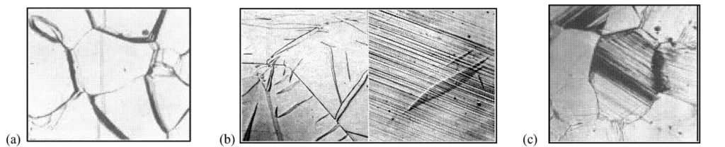 Fig. 2 (a) Sub-grain fonnation in Mg (b) twinning and basal slip in Mg. (c) non-basal slip concentrated at grain boundaries rather than grain interiors at high temperatures (Ref. 3)