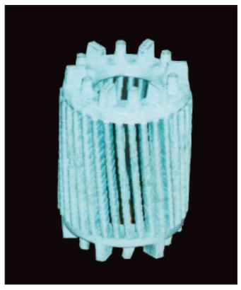 Fig. 2 – The aluminum “squirrel cage” of a small motor rotor. The iron laminations have been removed by dissolution in nitric acid.