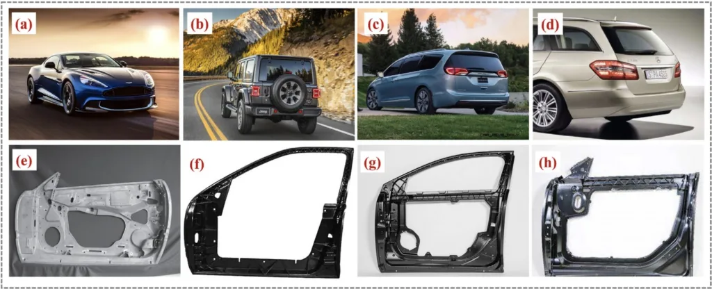 Fig. 2. Development and application of Mg alloys in car doors: (a) Aston Martin Vanquish S with cast Mg side door inner; (b) All-new 2018 Jeep Wrangler
produced with a die-cast Mg rear swing gate; (c) Chrysler Pacifica showing the liftgate assembly highlighted by a Mg die-cast inner; (d) The rear end of the
Mercedes-Benz E-Class T-Model featuring the hybrid Mg-Al hatch back; (e) Inner door frame of the Daimler-Chrysler SL Roadster; (f) Ford’s concept die-cast
Mg door inner with an open architecture; (g) Integrated Mg die-cast door inner designed as part of a DOE sponsored project led by GMC; (h) Ultra-thin and
ultra-light Mg alloy door inner.