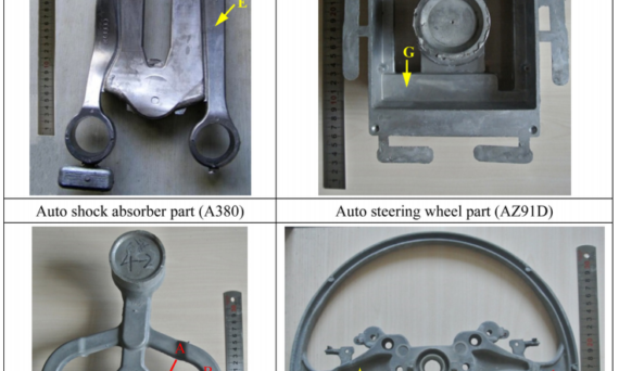 Fig. 2. Photographs of the four different parts formed by FCS Rheo-HPDC technology