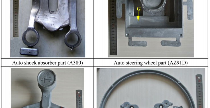 Fig. 2. Photographs of the four different parts formed by FCS Rheo-HPDC technology