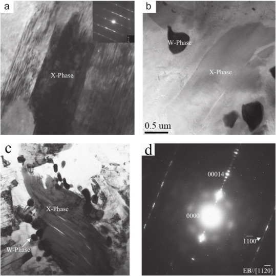 Fig. 2. TEM images of X (Mg12YZn(LPSO)) phase and W(Mg3Zn3Y2) phase in the Mg–5Zn–5Y-0.6Zr (wt%) alloy, (a) ZW55-I, (b) ZW55-II, (c) ZW55-III and (d) W(Mg3Zn3Y2) phase in ZW55-III [19].