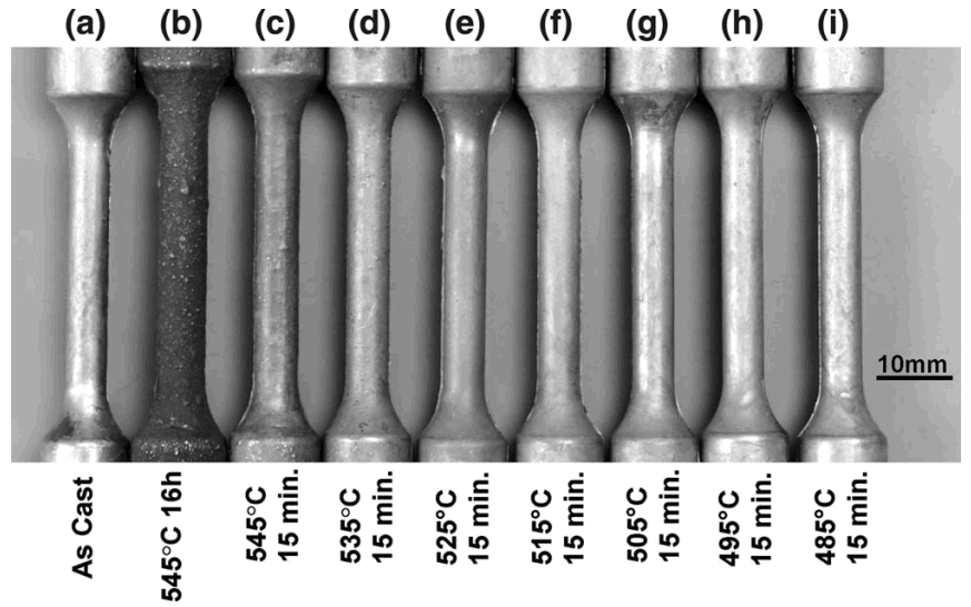 Fig. 2—Surface appearances of the alloy 360 in the as-cast condition and after different solution-treatment schedules. Metal velocity at the gate was 26 m/s.