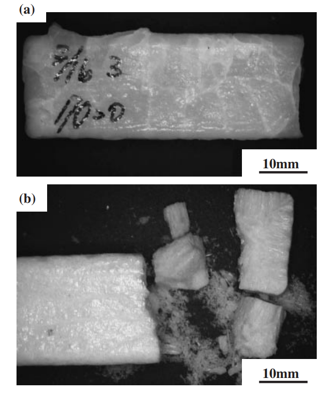Fig. 3 Photographs of specimens at ambient temperature. (a) KCl–30 mol%NaCl. (b) K2CO3–50 mol% Na2CO3.