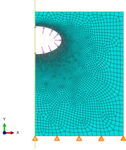 Fig. 3. Axisymmetric FE model of the solid, containing an elliptic pore with applied boundary conditions and inner pore pressure.