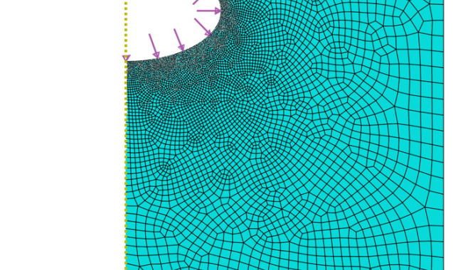 Fig. 3. Axisymmetric FE model of the solid, containing an elliptic pore with applied boundary conditions and inner pore pressure.