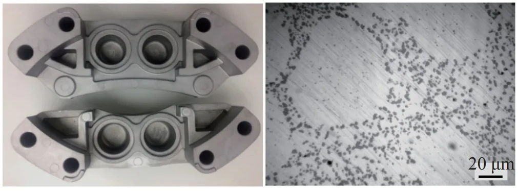 Fig. 3. Calipers (chassis system) produced by rheo-die casting of semisolid aluminum alloy and their internal microstructure. The eutectic Si
phases exhibits a fine and dispersed distribution after T6 treatment.