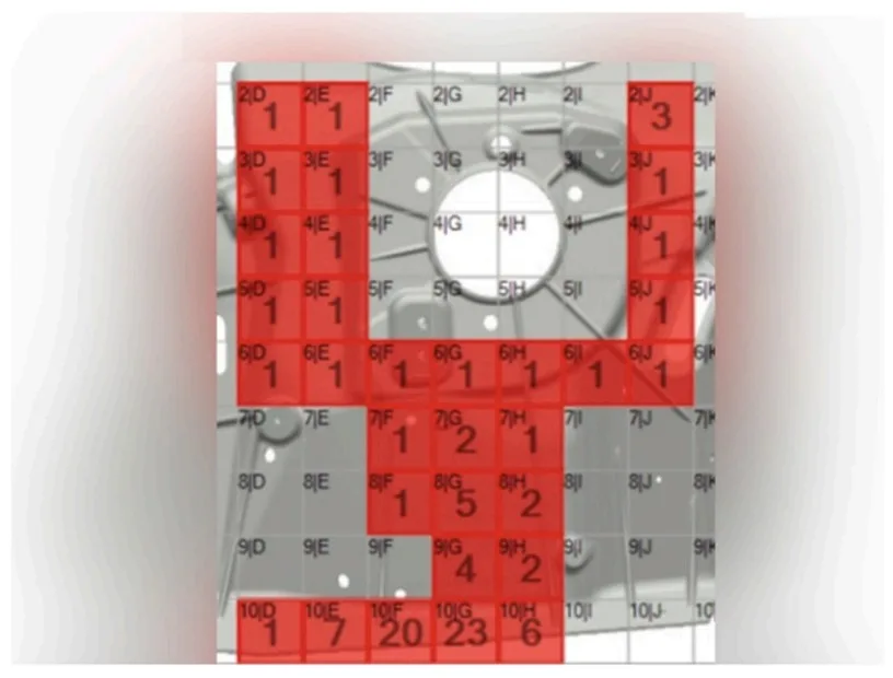 Fig. 3. Shock tower casting surface’s blisters distribution. 
