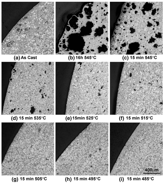 Fig. 3—Microstructures of alloy 360 for the as-cast and each of the solution-treatment conditions shown in Fig. 2. Etched in 0.5 pct HF.