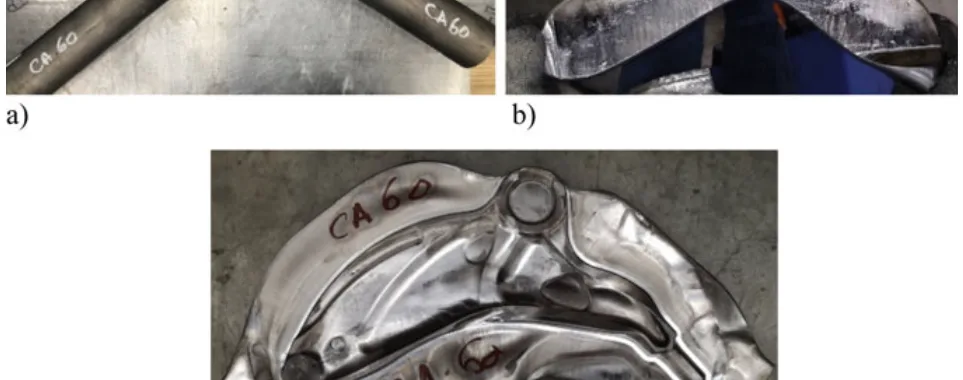 Fig. 4 Operations for forging control arm a bending, b flattening, and c forging. (Color figure online)