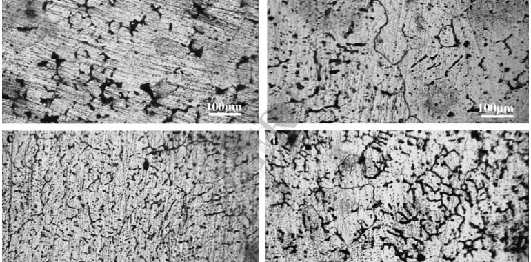 Fig. 4 – Optical micrographs of copper-coated basalt fiber reinforced composites. (a) 2.5 wt%, (b) 5 wt%, (c) 7.5 wt% and (d) 10 wt% fiber reinforcements.