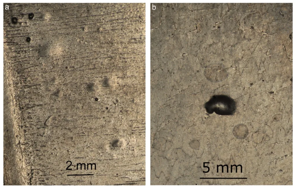 Fig. 4. Blisters on the heat-treated casting surface in (a) a cold area (area 2E in Fig. 3) and (b) a hot area (area 10G in Fig. 3).