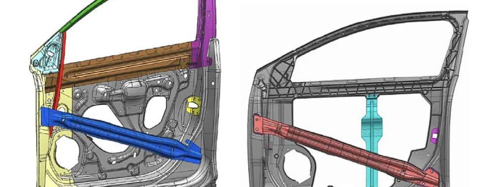 Fig. 4. Integrated magnesium door cast inner developed as part of a DOEsponsored project led by GM, right, and equivalent steel stamped door inner, left [10] (Copyright 2015 by IMA. Used with permission).