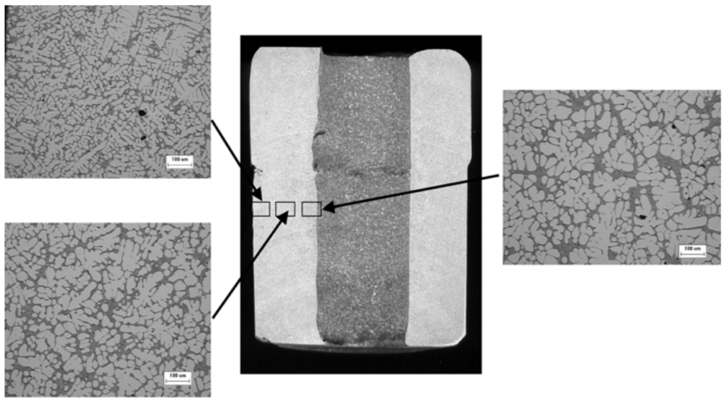 Fig. 4. Microstructures of gravity cast specimen using fusible core added 60 wt% ceramic powder.