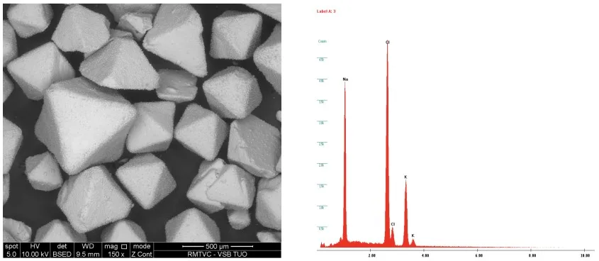 Fig. 5. Dipyramidal regular shape of NaCl, p.a. – standard (sample No 6) and EDX analysis of chemical composition