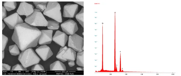 Fig. 5. Dipyramidal regular shape of NaCl, p.a. – standard (sample No 6) and EDX analysis of chemical composition