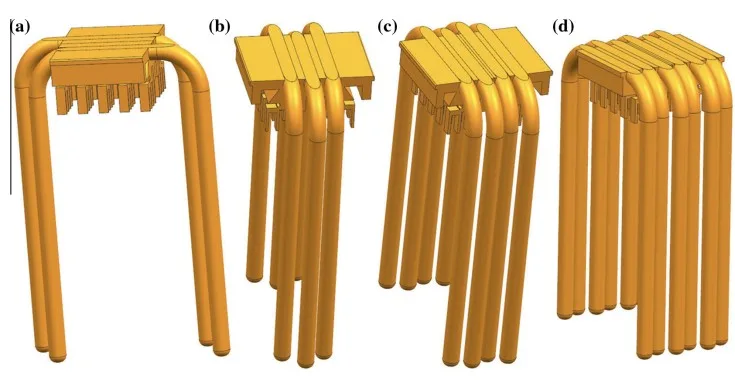 Fig. 5. Schematic of cooling system assembled with different number of heat pipes:(a) is 2 heat pipes, (b) is 3 heat pipes, (c) is 4 heat pipes, and (d) is 6 heat pipes.